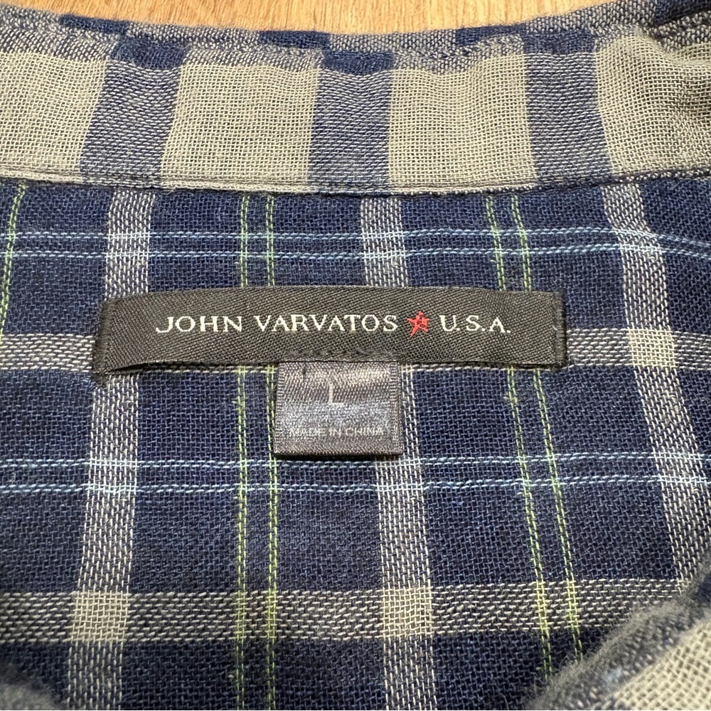 🌟JOHN VARVATOS🌟 DALE DOUBLEFACE PLAID BUTTON FRONT SHIRT NAVY / GREY SZ L - Picture 3 of 11